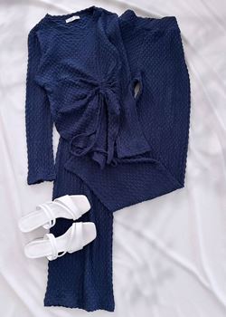 Lacivert Bubble Ön Büzgü Bluz Takım