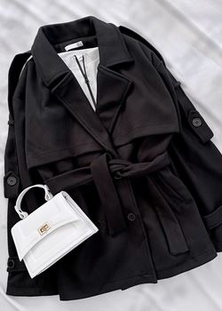 Siyah Kaşe Bağlama Detay Trenç Ceket