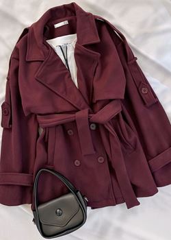 Bordo Kaşe Bağlama Detay Trenç Ceket