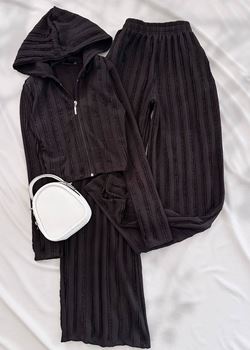 Siyah Dokulu Kapüşonlu Ceket Pantolon Takım