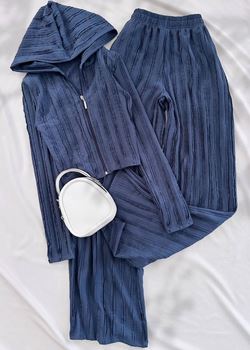 Mavi Dokulu Kapüşonlu Ceket Pantolon Takım