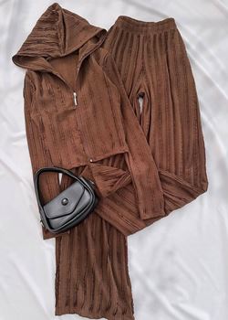 Kahverengi Dokulu Kapüşonlu Ceket Pantolon Takım