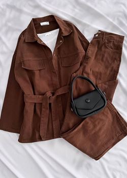 Kahverengi Jean Kemerli Palazzo Takım