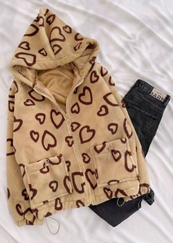 Kahverengi Kalp Detay Astarlı Peluş Ceket