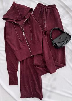 Bordo Taşlı Eşofman Takımı