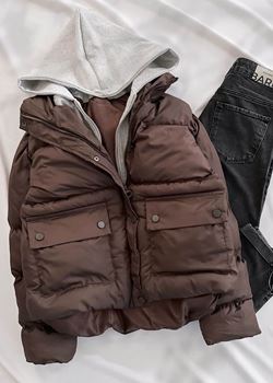 Kahverengi Kapüşon Birleşik Model Şişme Mont