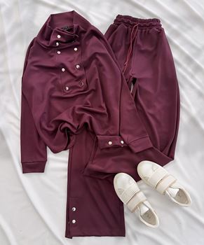 Bordo Ön Yaka Detay Modal Kumaş Takım