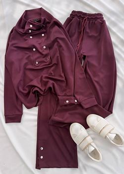 Bordo Ön Yaka Detay Modal Kumaş Takım