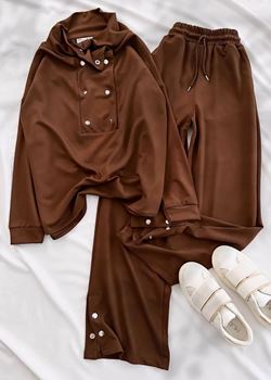 Kahverengi Ön Yaka Detay Modal Kumaş Takım