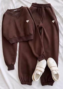 Kahverengi Kalp Nakış Detay Eşofman Takımı