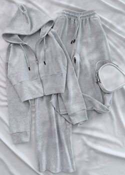 Açık Gri Selanik Kumaş Kapüşonlu Takım