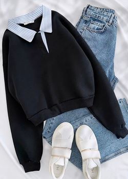 Siyah Çizgili Gömlek Yaka Detay Sweat