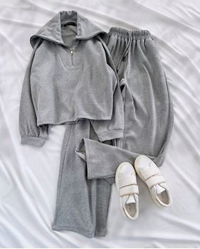 Gri Yaka Fermuarlı Eşofman Takımı