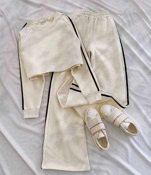 Bej Şeritli 3 İplik Eşofman Takımı