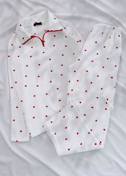 Beyaz Küçük Kalp Desen Waffle Kumaş Pijama Takımı