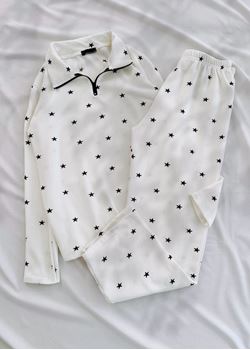 Beyaz Yıldız Desen Waffle Kumaş Pijama Takımı