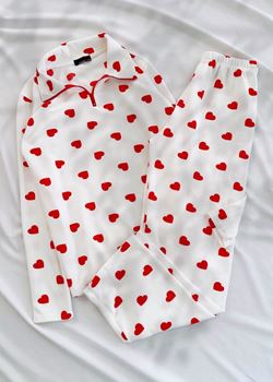 Beyaz Büyük Kalp Desen Waffle Kumaş Pijama Takımı