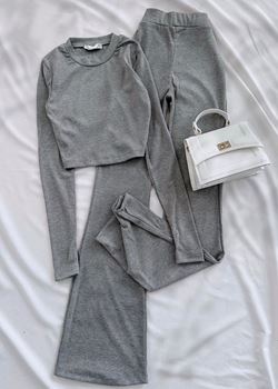 Antrasit Parmak Detay Basic Crop Takım