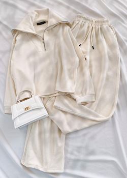 Bej Yaka Fermuarlı Eşofman Takımı