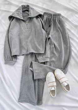 Gri Yaka Fermuarlı Eşofman Takımı