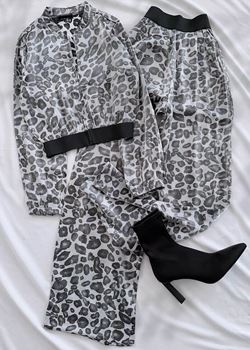Gri Leopar Desen Ceket Pantolon Takım