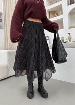 Siyah Desenli Şifon Asimetrik Etek