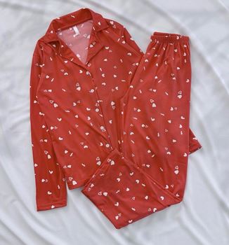 Kırmızı Kalp Desen Modal Pijama Takımı