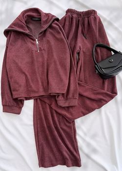 Bordo Yaka Fermuarlı Eşofman Takımı