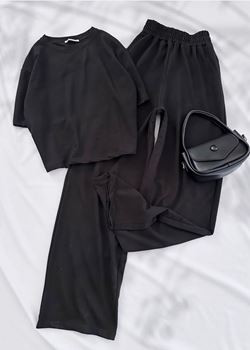 Siyah Basic Crop Bisiklet Yaka Takım