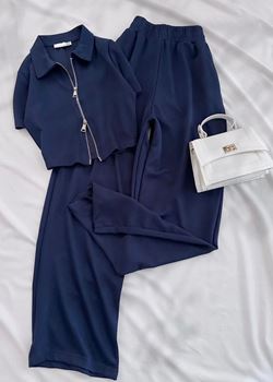 Lacivert Çift Fermuar Detay Oysh Takım