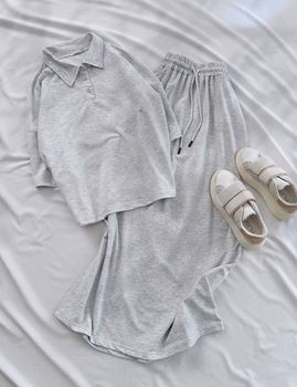 Gri Polo Yaka Detay Etek Basic Takım