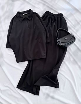 Siyah Polo Yaka Detay Etek Basic Takım