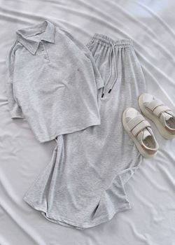 Gri Polo Yaka Detay Etek Basic Takım