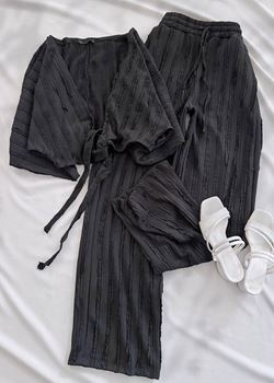 Siyah Bağlama Detay Dokuma Pantolon Takım