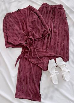 Bordo Bağlama Detay Dokuma Pantolon Takım