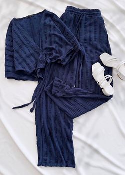 Lacivert Bağlama Detay Dokuma Pantolon Takım