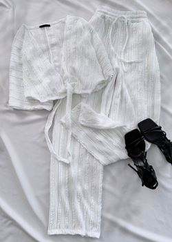 Beyaz Bağlama Detay Dokuma Pantolon Takım