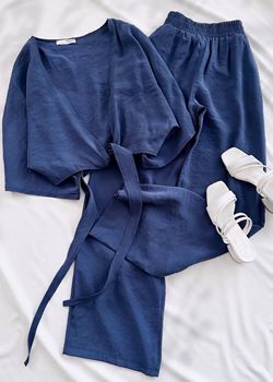 Lacivert YS Tensel Kumaş Bel Bağlama Detay Takım