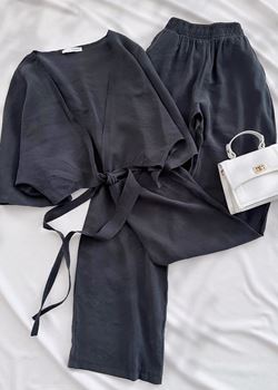 Siyah YS Tensel Kumaş Bel Bağlama Detay Takım
