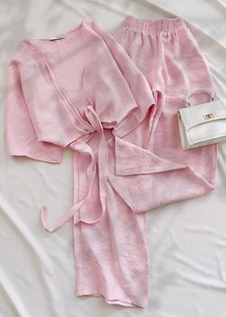 Pembe YS Tensel Kumaş Bel Bağlama Detay Takım
