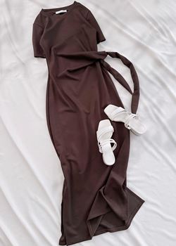 Kahverengi Bağlama Detay Modal Elbise