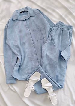 Mavi Keten Gömlek Pantolon Takım