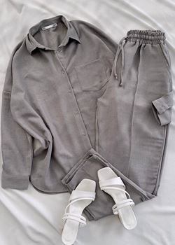 Gri Keten Gömlek Pantolon Takım