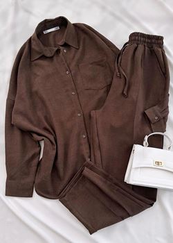 Kahverengi Keten Gömlek Pantolon Takım