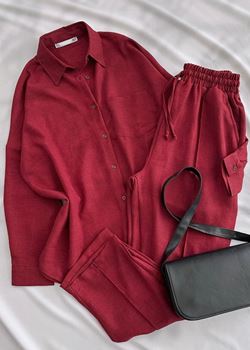 Bordo Keten Gömlek Pantolon Takım