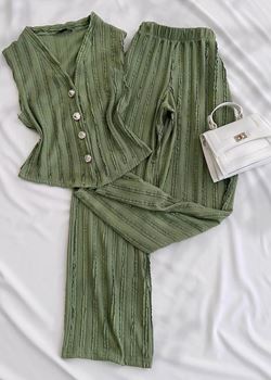 Yeşil Dokulu Yelek Pantolon Takım