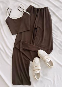 Kahverengi Çift Crop Detay Takım