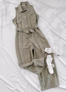 Yeşil Keten Düğmeli Tulum