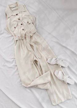 Bej Keten Düğmeli Tulum