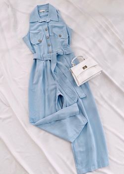 Mavi Keten Düğmeli Tulum